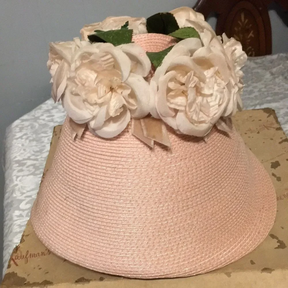 Vintage Blush Pink Woven Bucket Hat with box 1950-1960